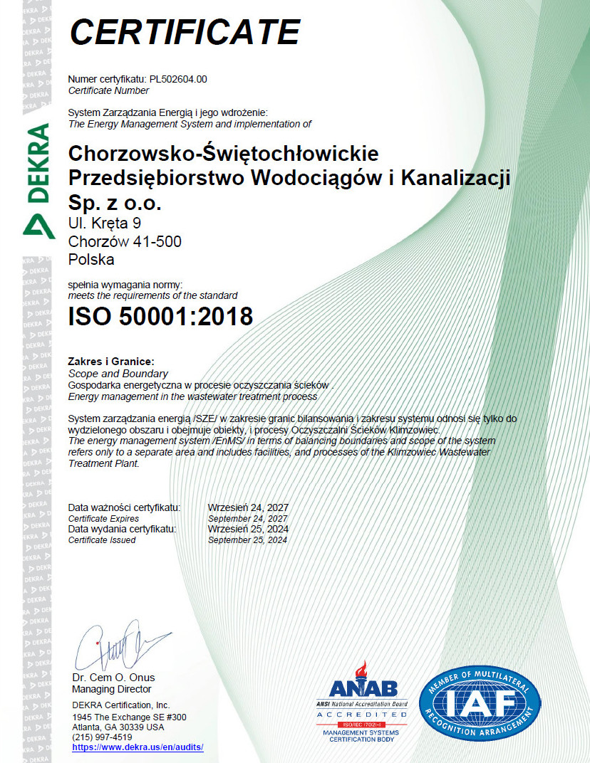 Certyfikat ISO 50001 - zdjęcie niedostępne dla niewidzących